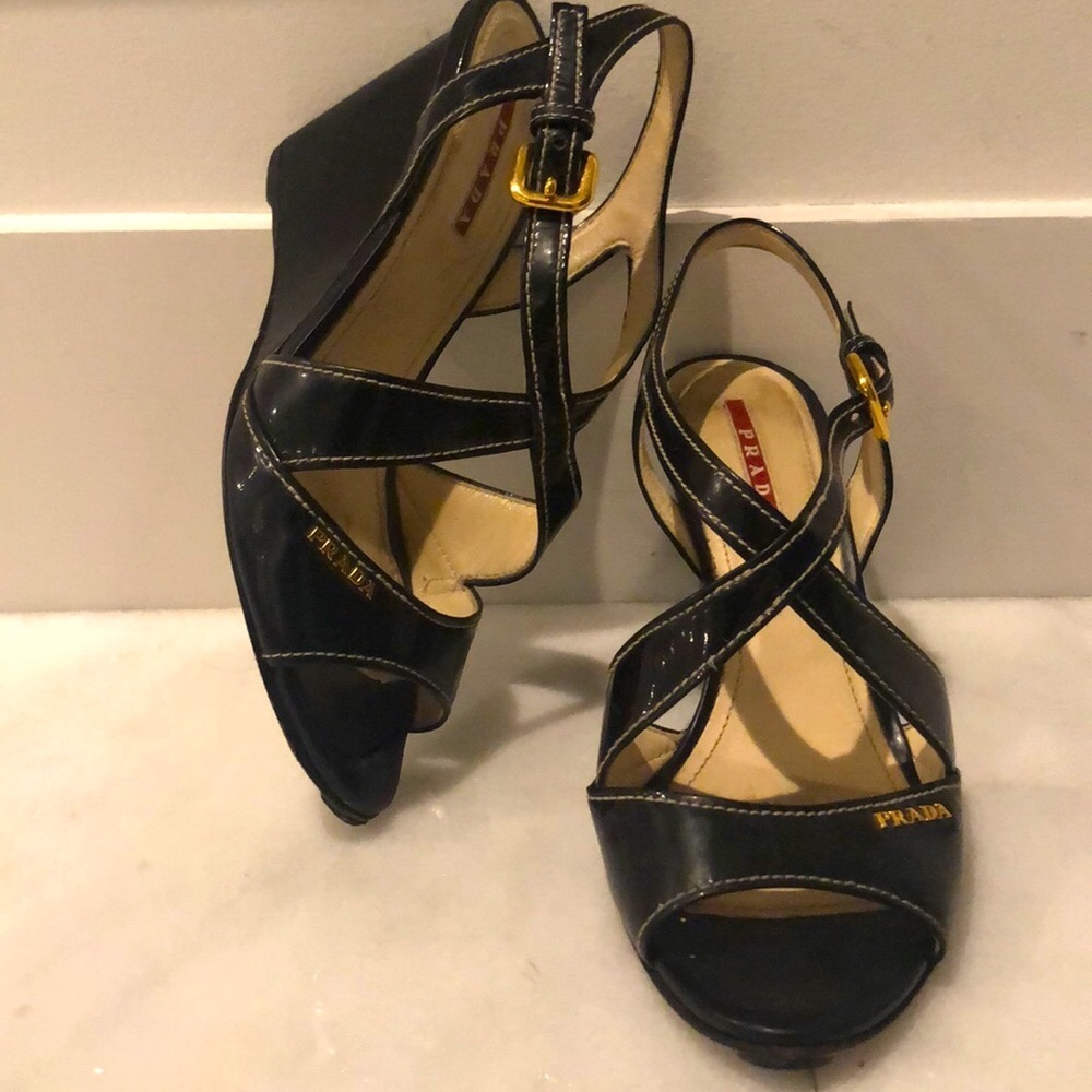 Prada patent leather logo wedges size (37)